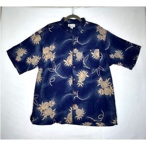 Monterey Club Button Up Men's Hawaiian Pineapple Print Silk Blue Large